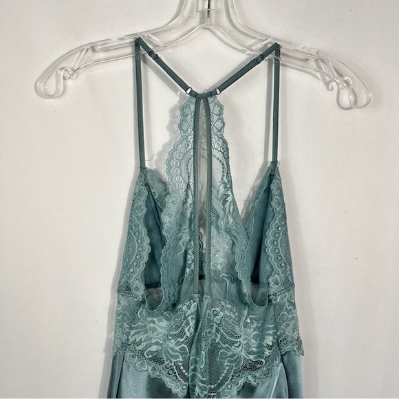 California Dynasty Vintage Y2K Teal Silky Lace Cutout Chemise Tank Dress Small S - Picture 4 of 7